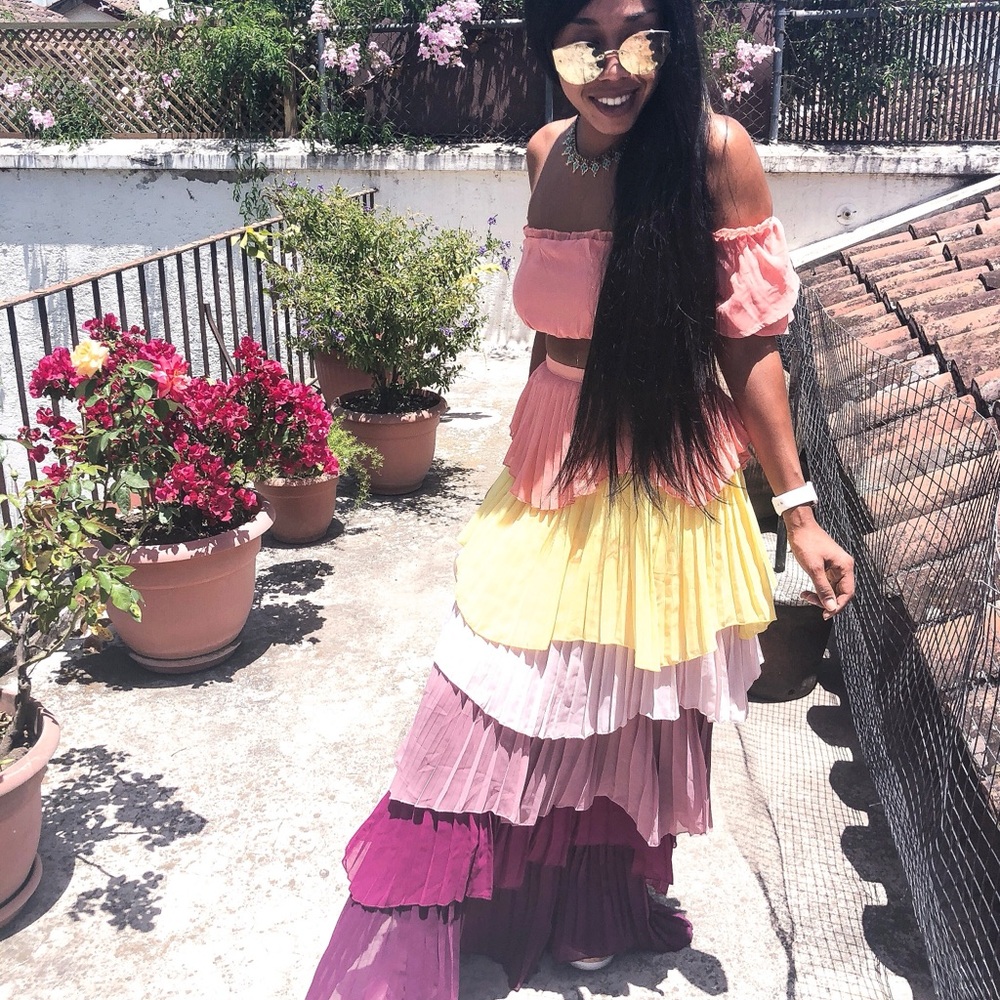 Colorful Tiered Maxi Skirt and Off-Shoulder Top Set